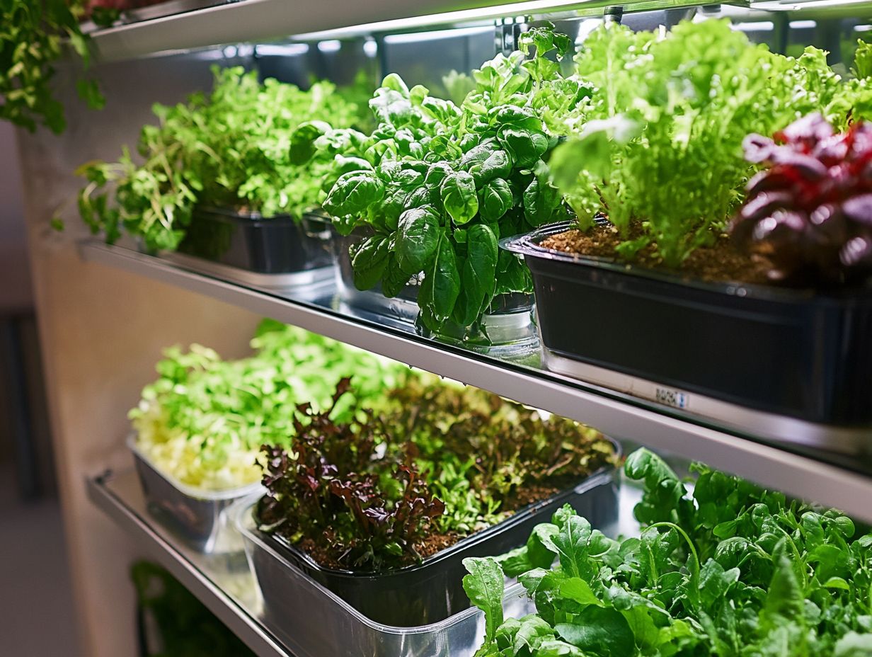 Tabletop hydroponic garden with LED lights in use.