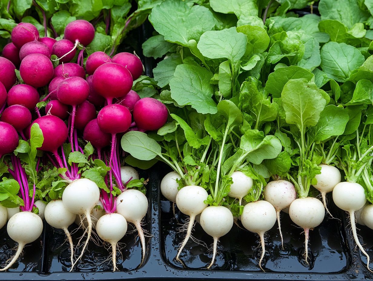 Colorful image of various radish varieties