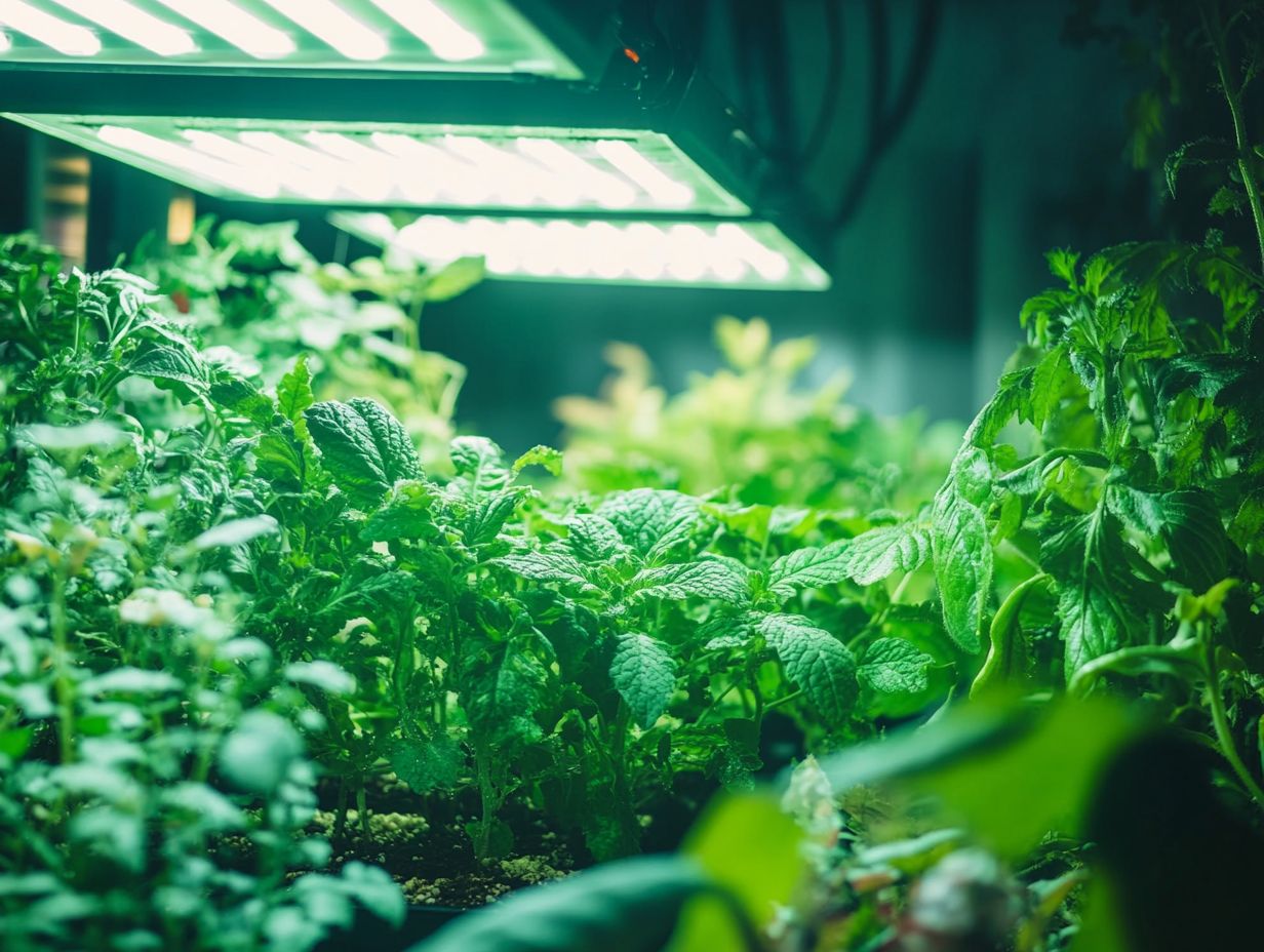 A collage of hydroponic plants thriving under different lighting conditions