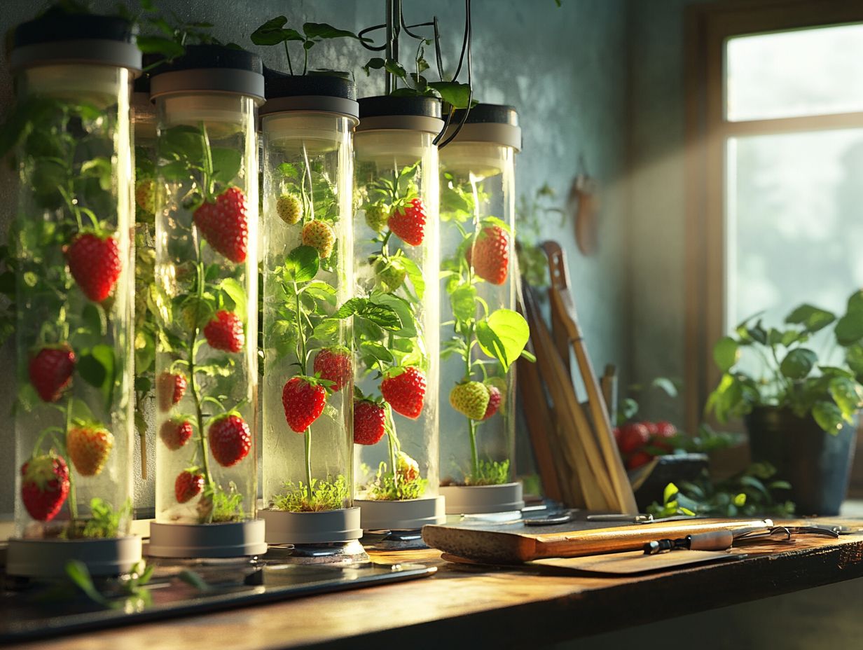 Diagram showing hydroponic strawberry system setup and its benefits.