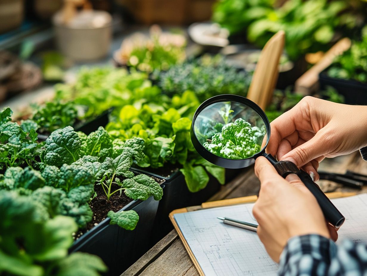 A close-up of hydroponic plants showing signs of pest problems, including leaf discoloration and sticky residue.