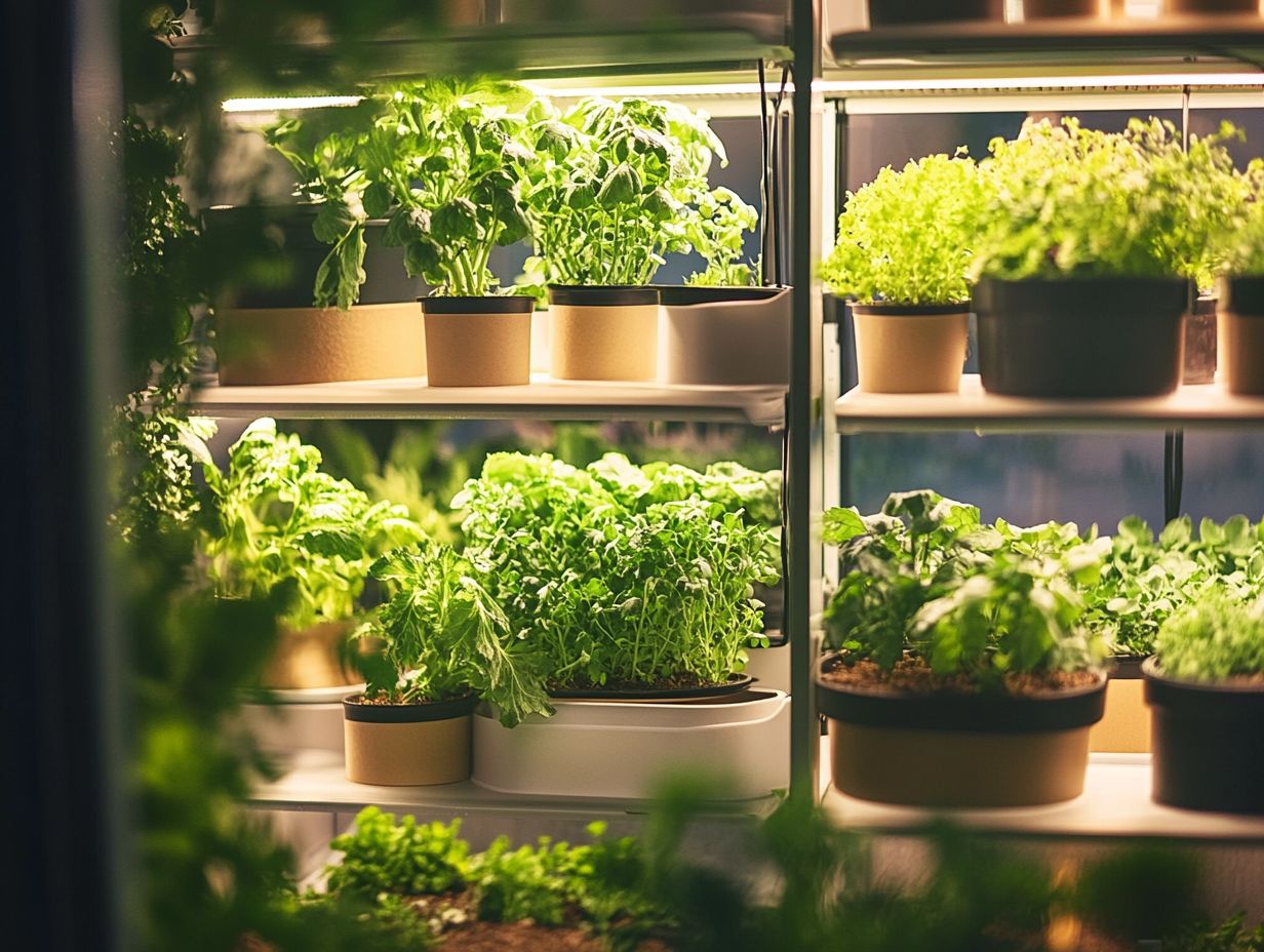 An array of vibrant herbs and vegetables thriving in a hydroponic garden setup.