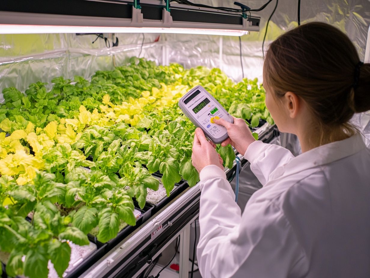 A hydroponic system showing temperature and nutrient adjustments