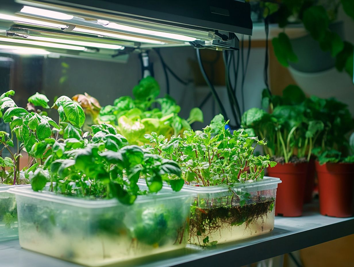 A variety of common hydroponic crops including tomatoes, strawberries, and lettuce.