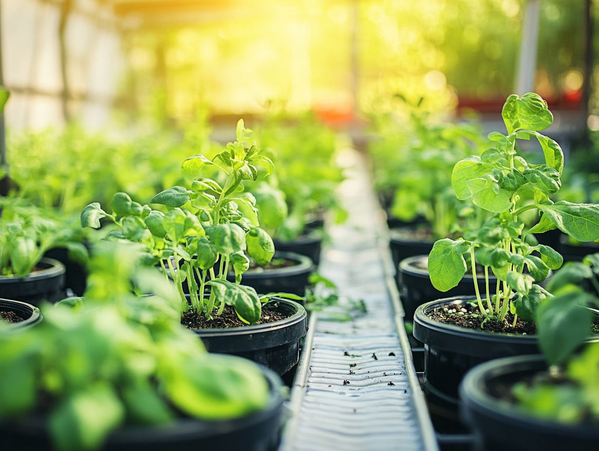 A vibrant hydroponic garden with various plants thriving in a greenhouse