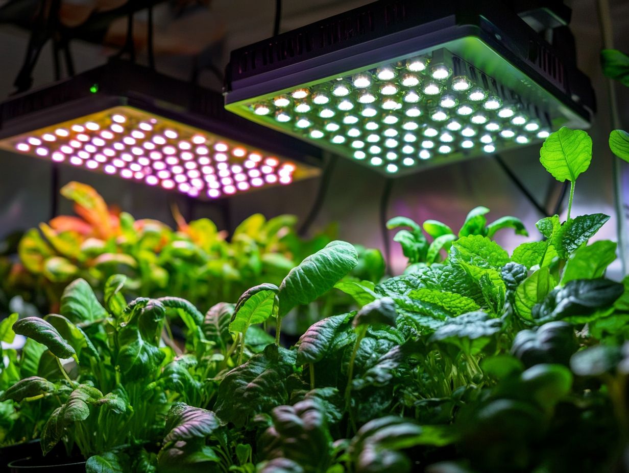 Different types of lights used in hydroponic gardening including LED, CFL, and HID